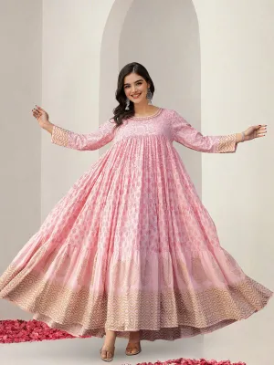 Soft Pink Cotton Printed Ethnic Gown With Fit & Flare Silhouette