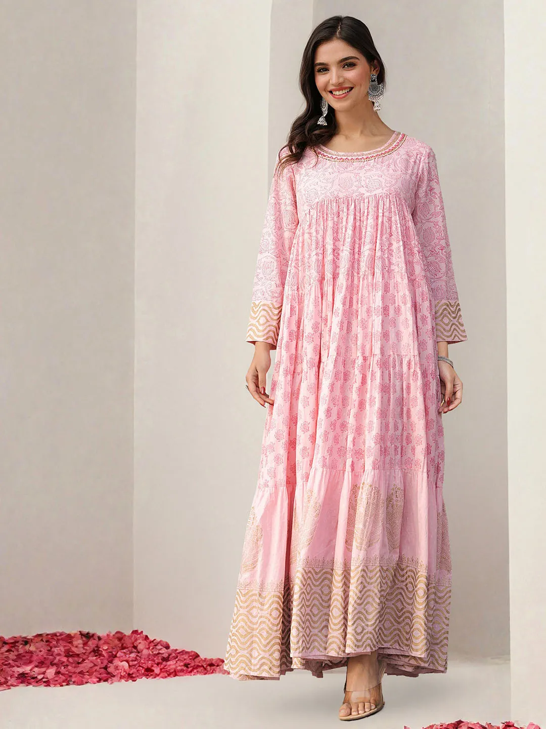 Soft Pink Cotton Printed Ethnic Gown With Fit & Flare Silhouette