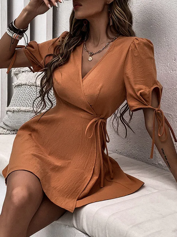 Solid Color Tied Waist Puff Sleeves Short Sleeves V-Neck Mini Dresses