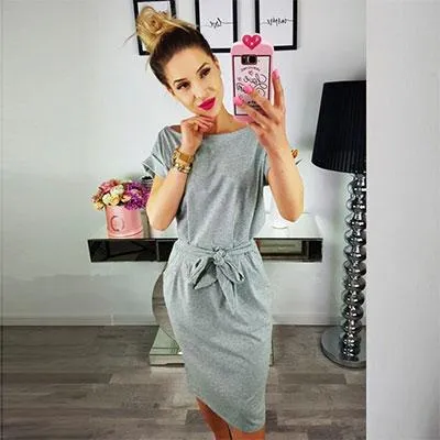 Solid O-Neck Short Sleeves Lacing Dresses Women Casual Pockets Simple Dress Summer Ladies Fashion Breathable Dress