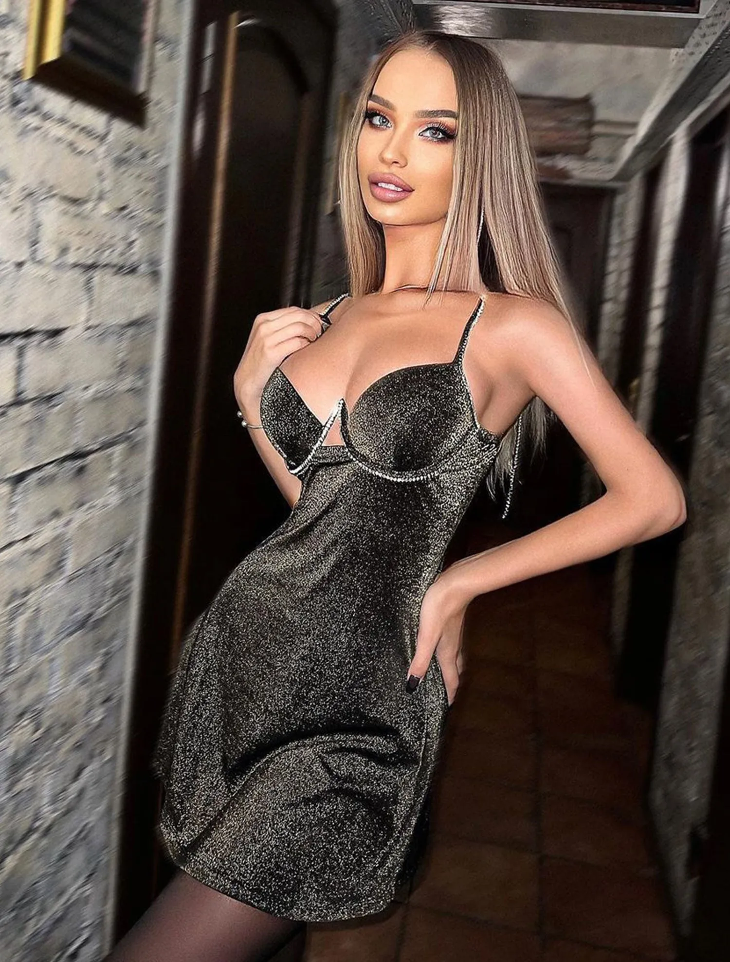 Sparkle Bronze Cocktail Party Mini Dress