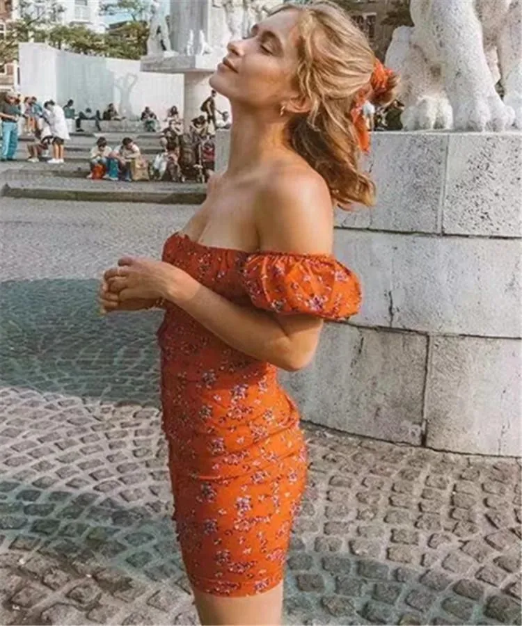 Spring New Tight-Fitting Small Floral Off-The-Shoulder Bag Hip Dress