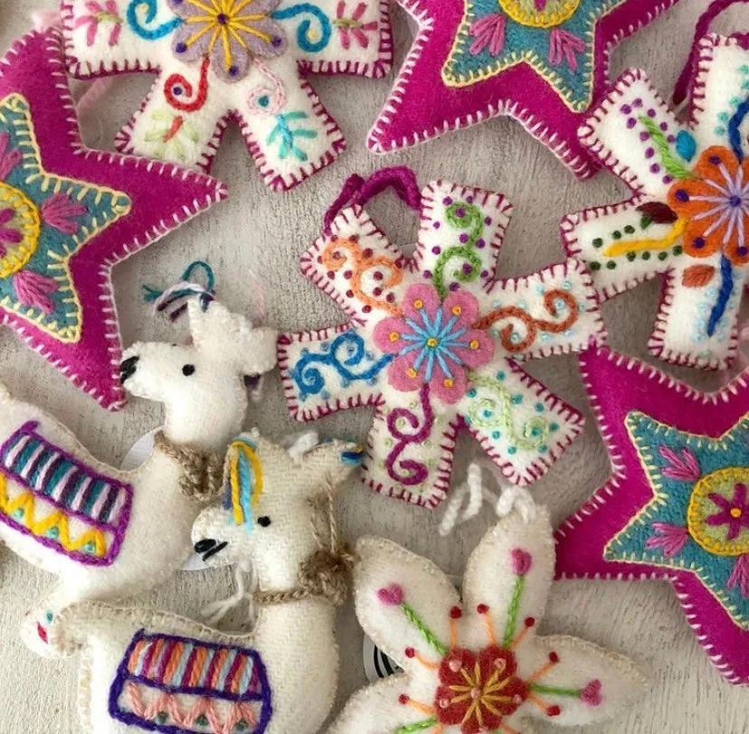 Star Ornament, Embroidered Pink Wool