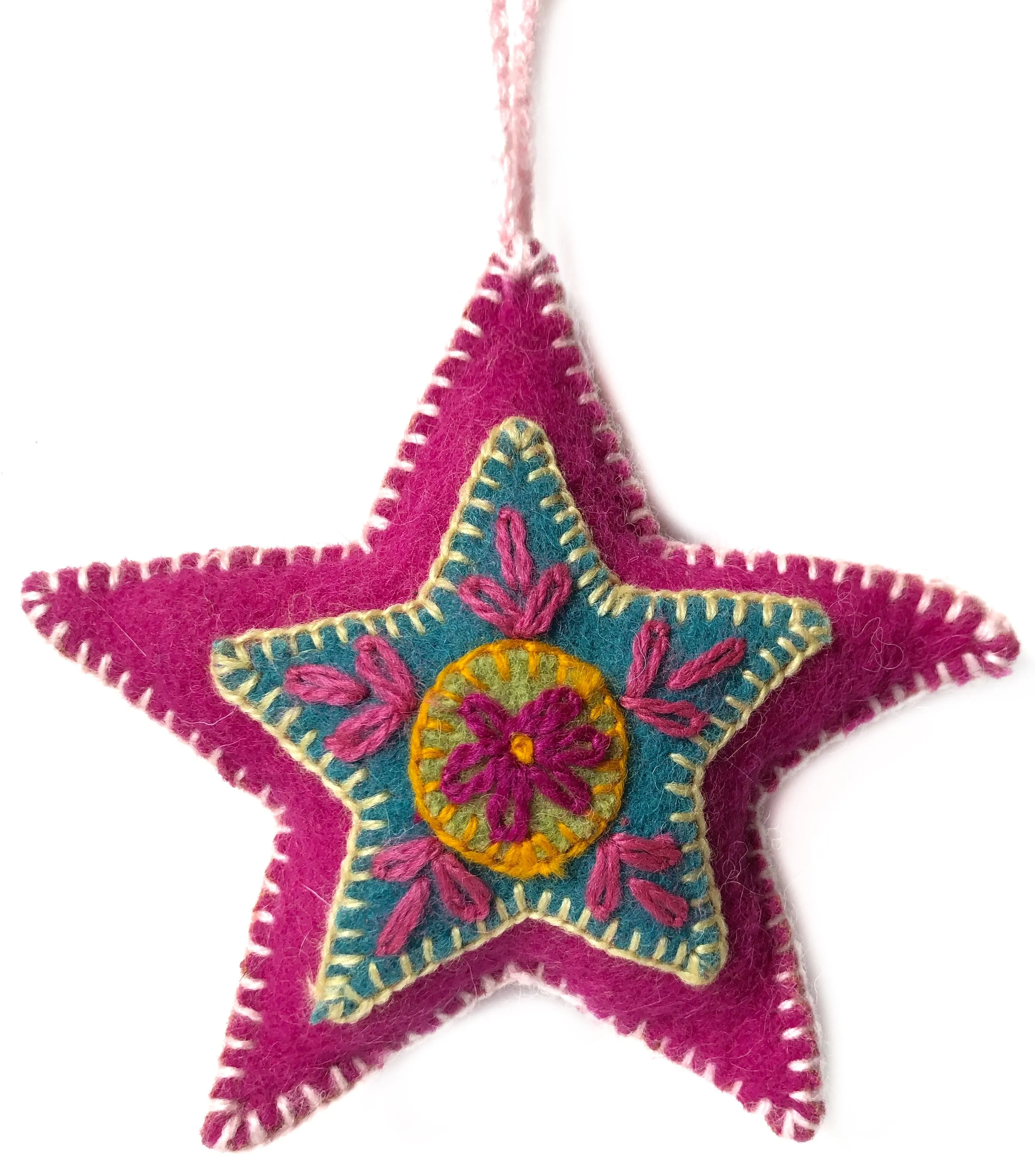 Star Ornament, Embroidered Pink Wool