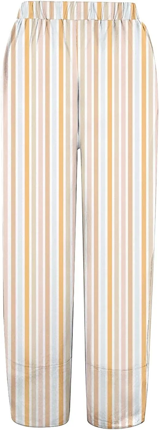 Striped Linen Pants for Women Summer Casual Wide Leg Capri Trousers with Pockets Beach Relaxed Cropped Palazzo Pant