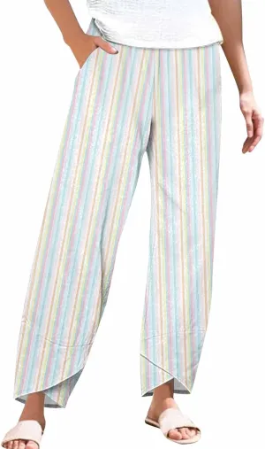 Striped Linen Pants for Women Summer Casual Wide Leg Capri Trousers with Pockets Beach Relaxed Cropped Palazzo Pant
