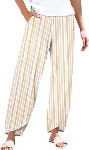 Striped Linen Pants for Women Summer Casual Wide Leg Capri Trousers with Pockets Beach Relaxed Cropped Palazzo Pant