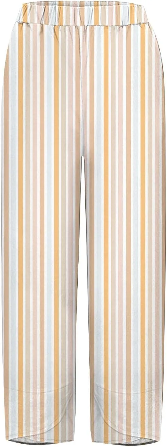 Striped Linen Pants for Women Summer Casual Wide Leg Capri Trousers with Pockets Beach Relaxed Cropped Palazzo Pant