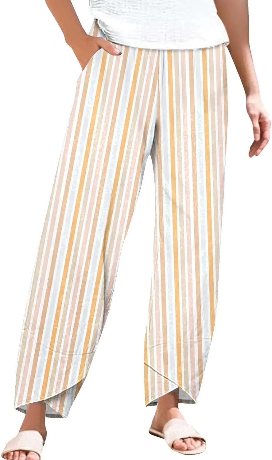 Striped Linen Pants for Women Summer Casual Wide Leg Capri Trousers with Pockets Beach Relaxed Cropped Palazzo Pant