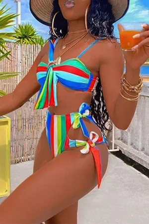 Striped Stylish Strappy High Waist Bikini