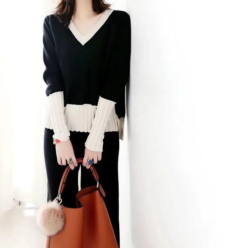 Stylish Autumn New Pant Sets Women V-neck Contrast Color Knitted Tops   Elastic High Waist Wide-leg Pants Two-piece Suit S429760