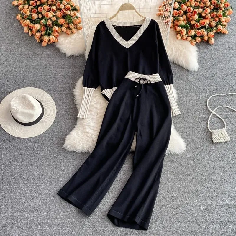 Stylish Autumn New Pant Sets Women V-neck Contrast Color Knitted Tops   Elastic High Waist Wide-leg Pants Two-piece Suit S429760