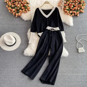 Stylish Autumn New Pant Sets Women V-neck Contrast Color Knitted Tops   Elastic High Waist Wide-leg Pants Two-piece Suit S429760