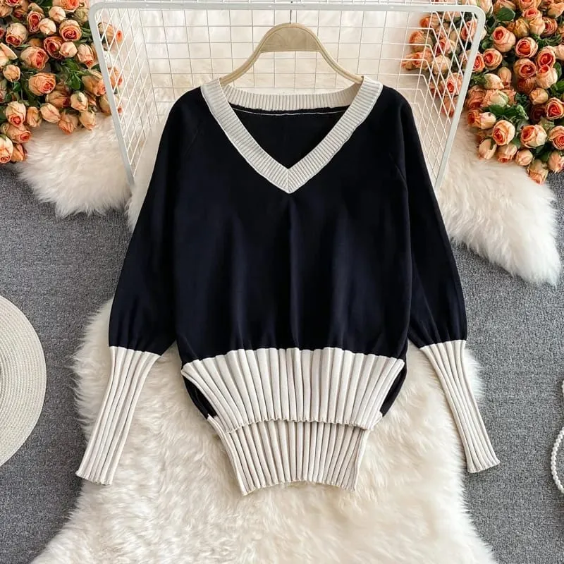 Stylish Autumn New Pant Sets Women V-neck Contrast Color Knitted Tops   Elastic High Waist Wide-leg Pants Two-piece Suit S429760