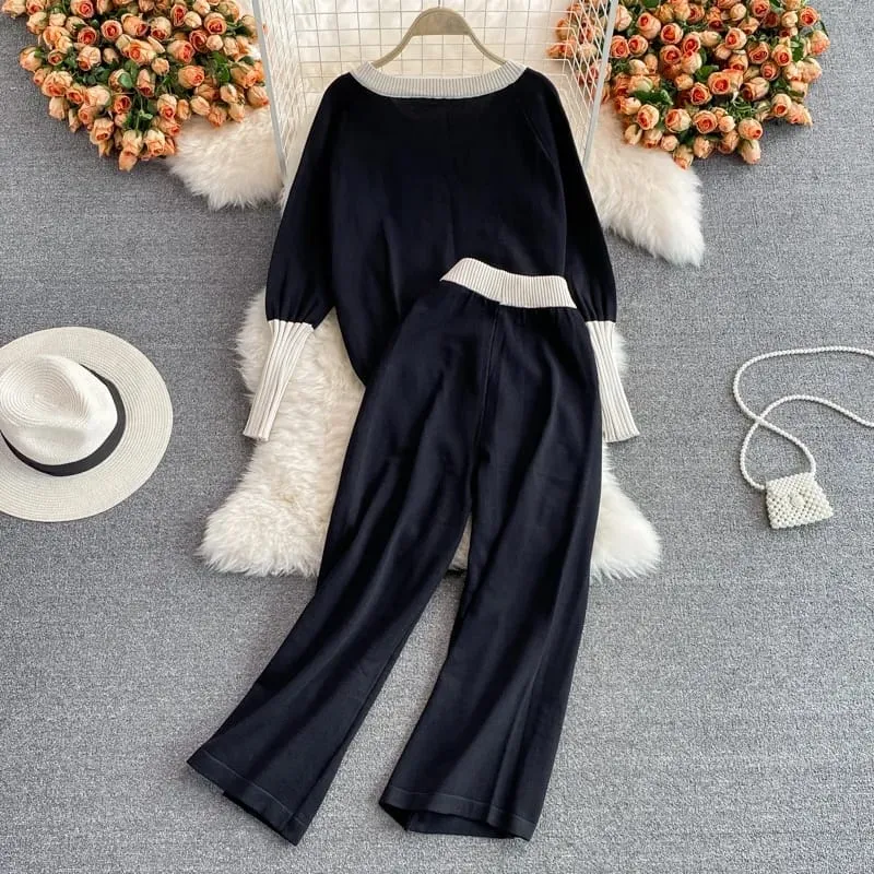 Stylish Autumn New Pant Sets Women V-neck Contrast Color Knitted Tops   Elastic High Waist Wide-leg Pants Two-piece Suit S429760