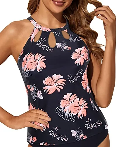 Stylish High Neck Tankini Top Halter Bathing Suit Tops-Black Orange Floral