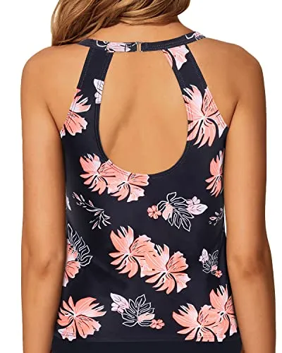 Stylish High Neck Tankini Top Halter Bathing Suit Tops-Black Orange Floral