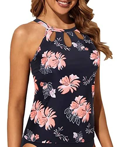Stylish High Neck Tankini Top Halter Bathing Suit Tops-Black Orange Floral