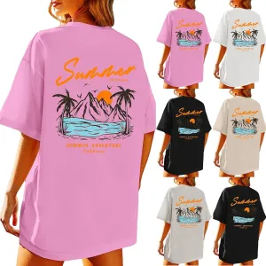 Summer Beach Shirts for Women Hawaiian Print Oversized Coconut Tree Graphic Tee Vacation Vintage Short Sleeve Top