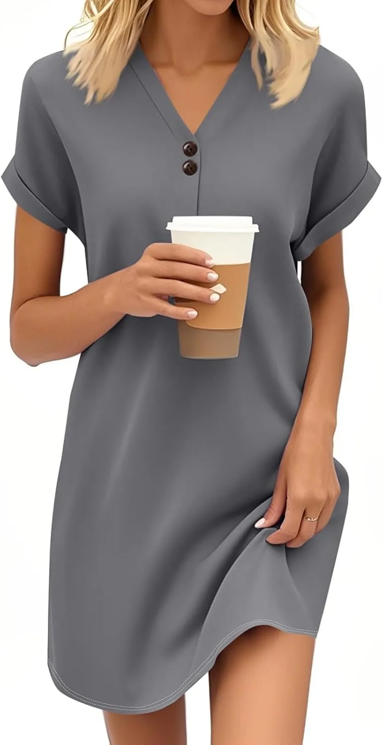 Summer Dresses for Women 2025 Short Sleeve V-Neck Buttons Boho Flattering Comfortable Vacation Plus Size Sundresses