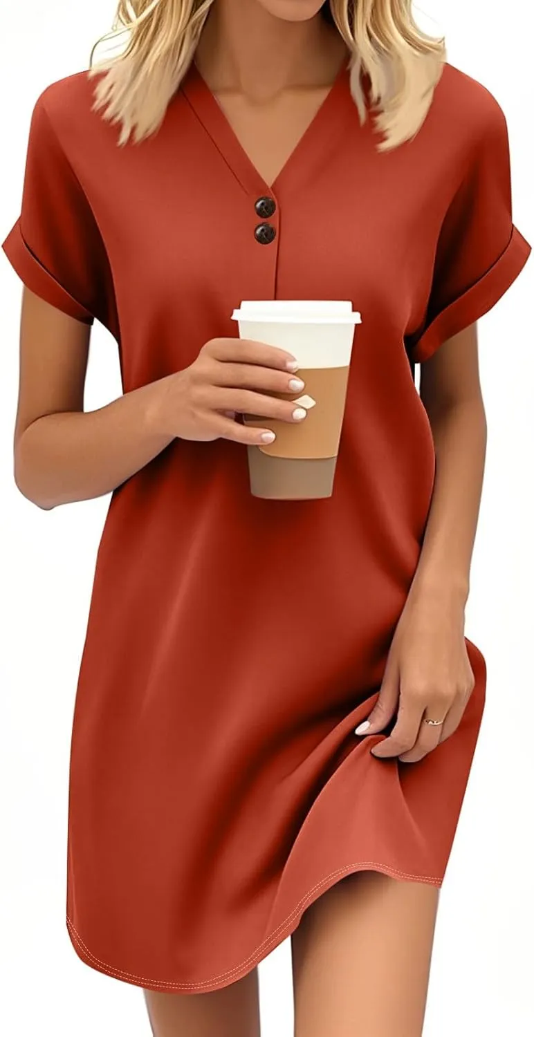 Summer Dresses for Women 2025 Short Sleeve V-Neck Buttons Boho Flattering Comfortable Vacation Plus Size Sundresses