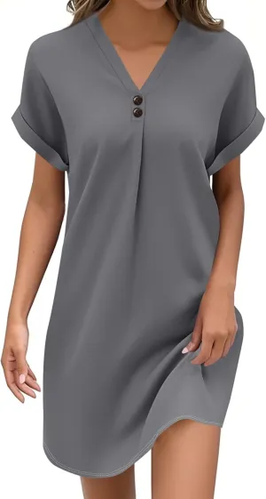 Summer Dresses for Women 2025 Short Sleeve V-Neck Buttons Boho Flattering Comfortable Vacation Plus Size Sundresses