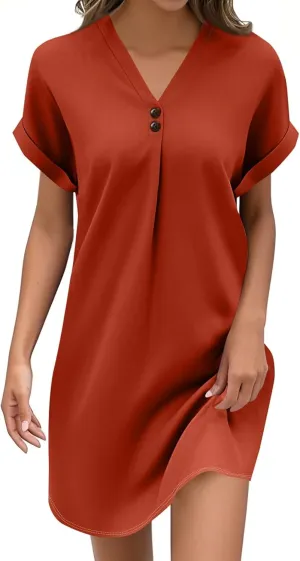 Summer Dresses for Women 2025 Short Sleeve V-Neck Buttons Boho Flattering Comfortable Vacation Plus Size Sundresses