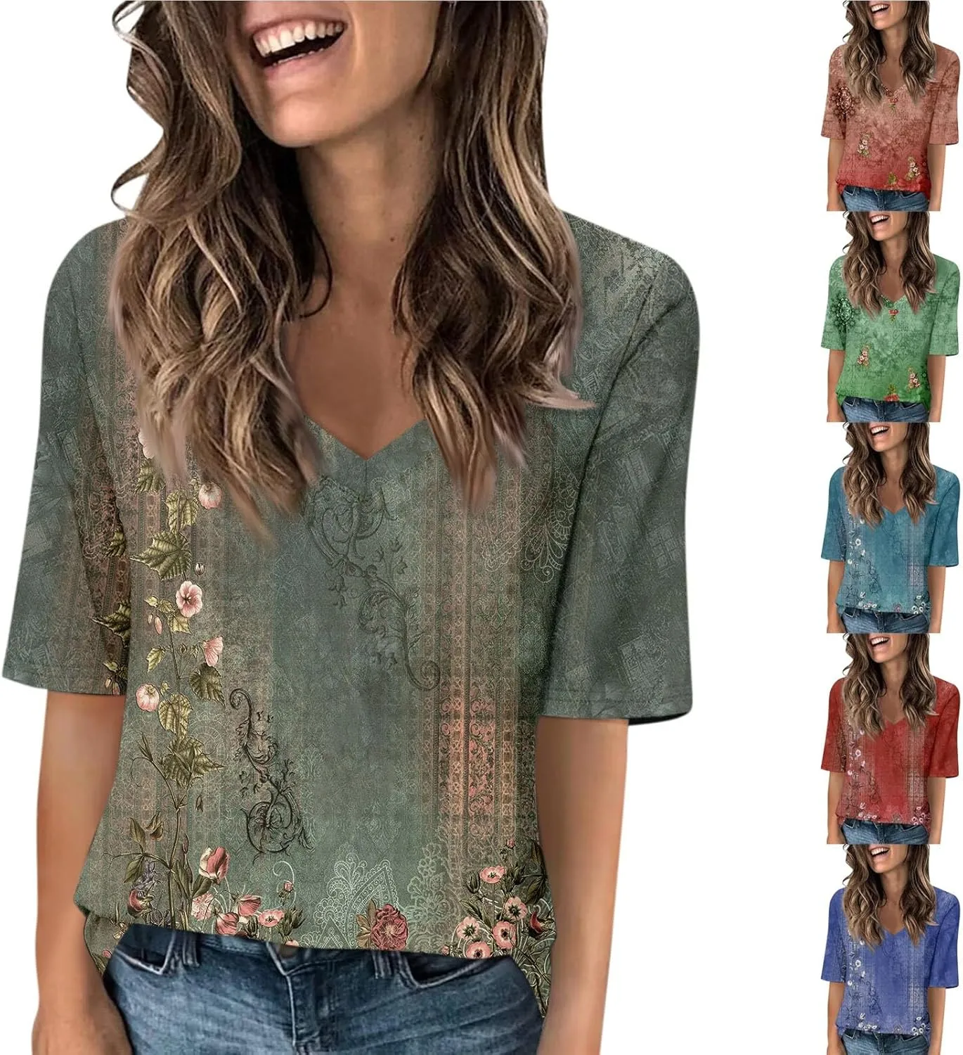 Summer Tops for Women 2025 Women's V Neck Half Sleeve T Shirts Floral Print Casual Loose Spring Elbow Length Blouses