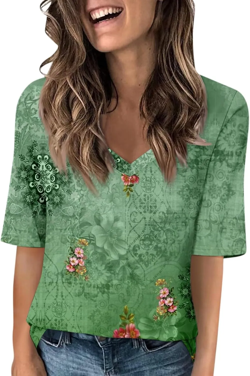 Summer Tops for Women 2025 Women's V Neck Half Sleeve T Shirts Floral Print Casual Loose Spring Elbow Length Blouses