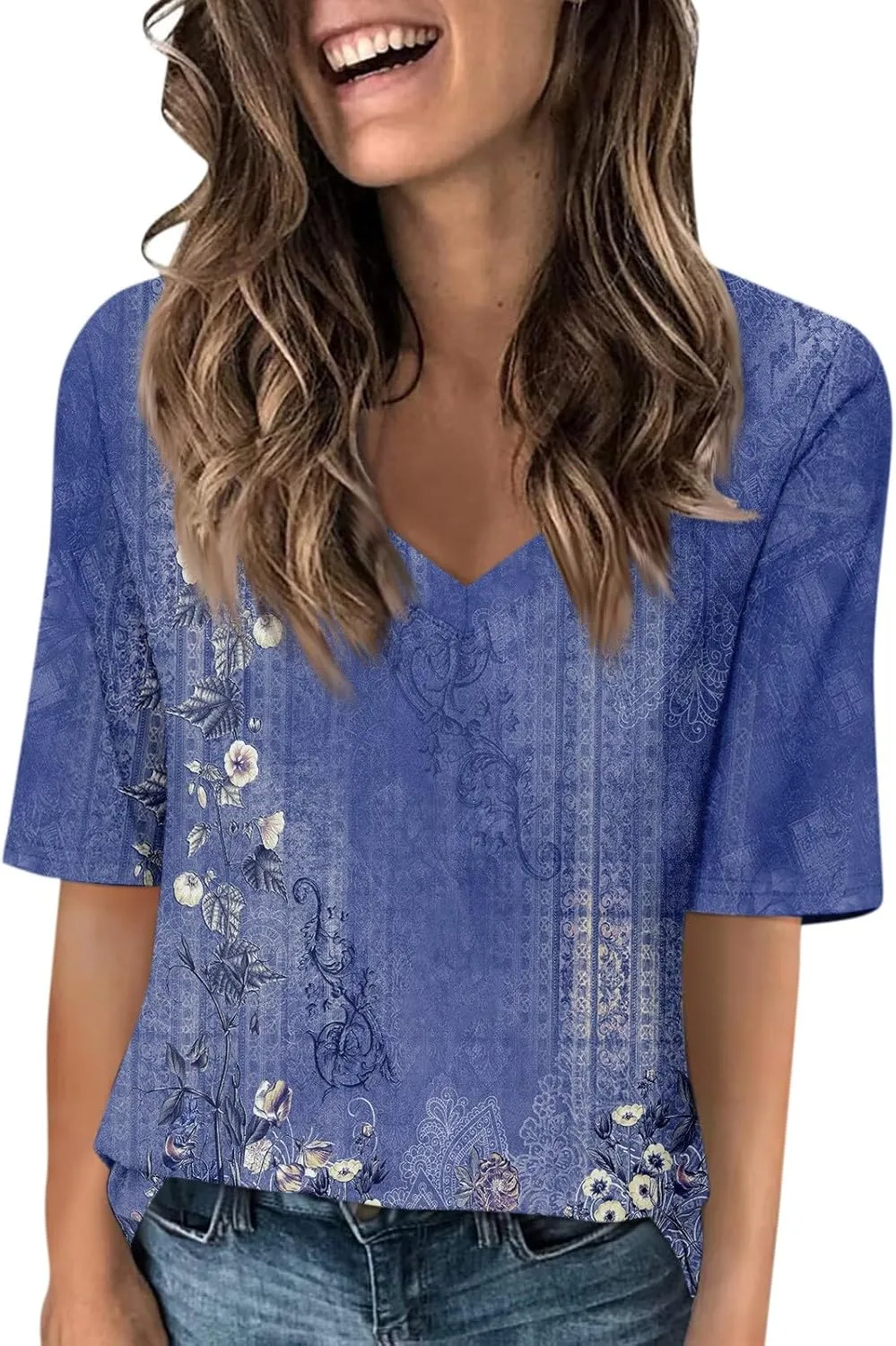 Summer Tops for Women 2025 Women's V Neck Half Sleeve T Shirts Floral Print Casual Loose Spring Elbow Length Blouses