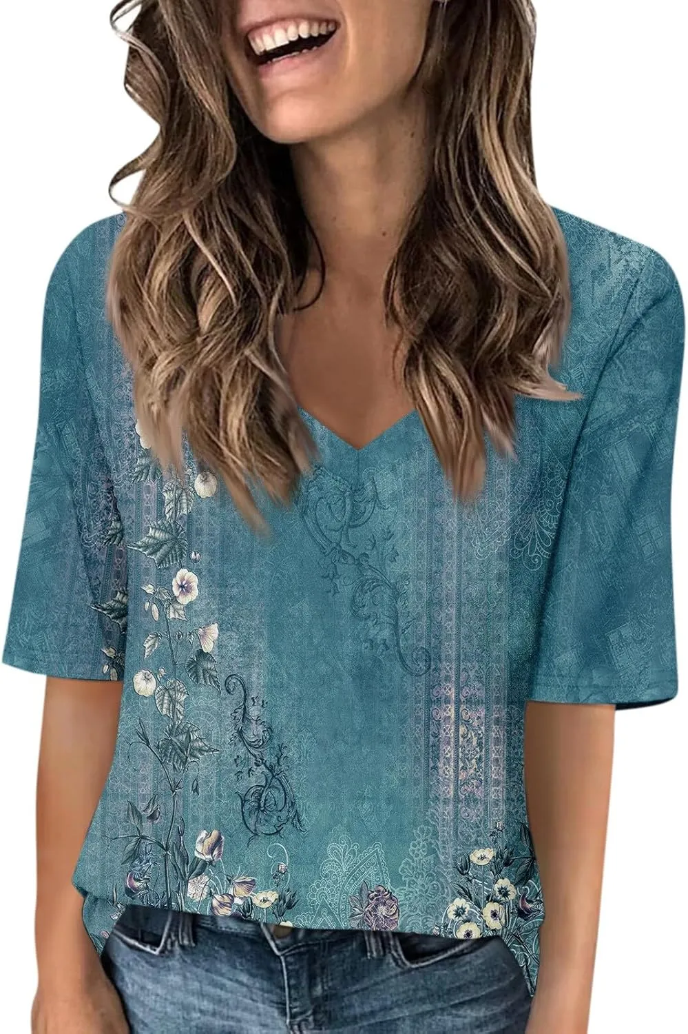 Summer Tops for Women 2025 Women's V Neck Half Sleeve T Shirts Floral Print Casual Loose Spring Elbow Length Blouses