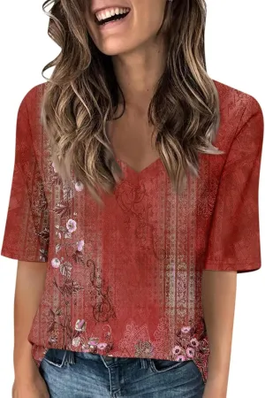 Summer Tops for Women 2025 Women's V Neck Half Sleeve T Shirts Floral Print Casual Loose Spring Elbow Length Blouses