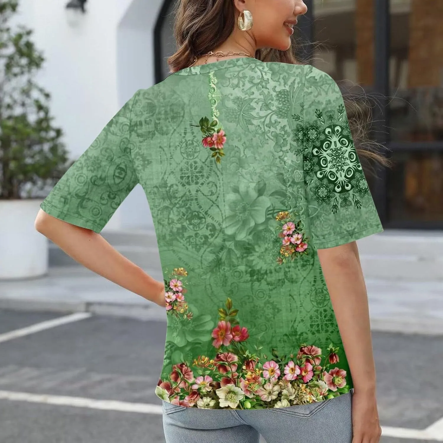 Summer Tops for Women 2025 Women's V Neck Half Sleeve T Shirts Floral Print Casual Loose Spring Elbow Length Blouses