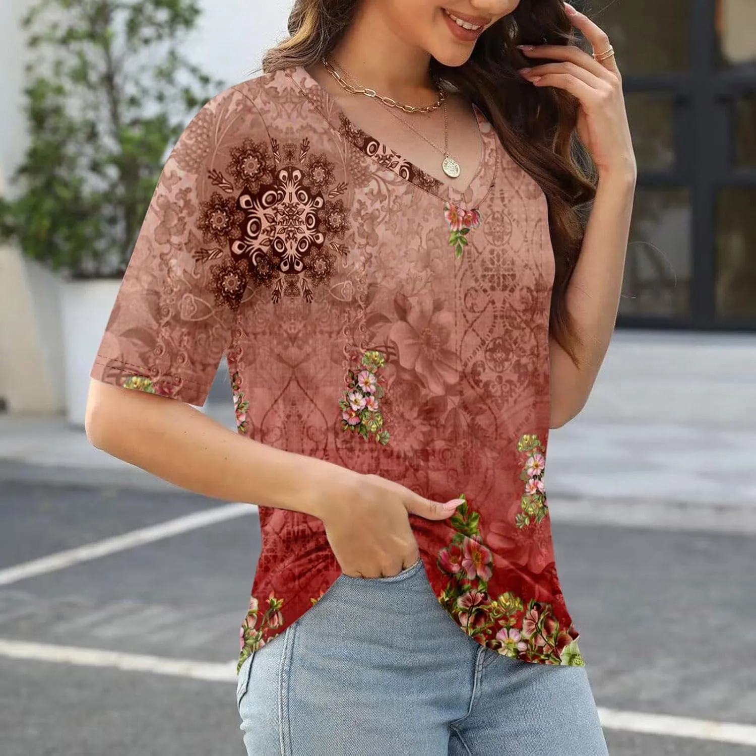 Summer Tops for Women 2025 Women's V Neck Half Sleeve T Shirts Floral Print Casual Loose Spring Elbow Length Blouses