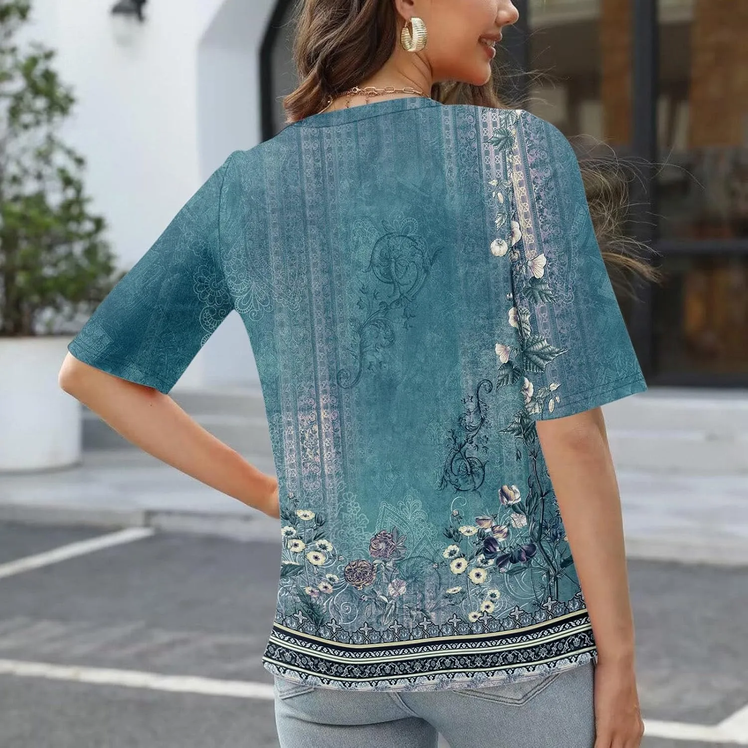 Summer Tops for Women 2025 Women's V Neck Half Sleeve T Shirts Floral Print Casual Loose Spring Elbow Length Blouses