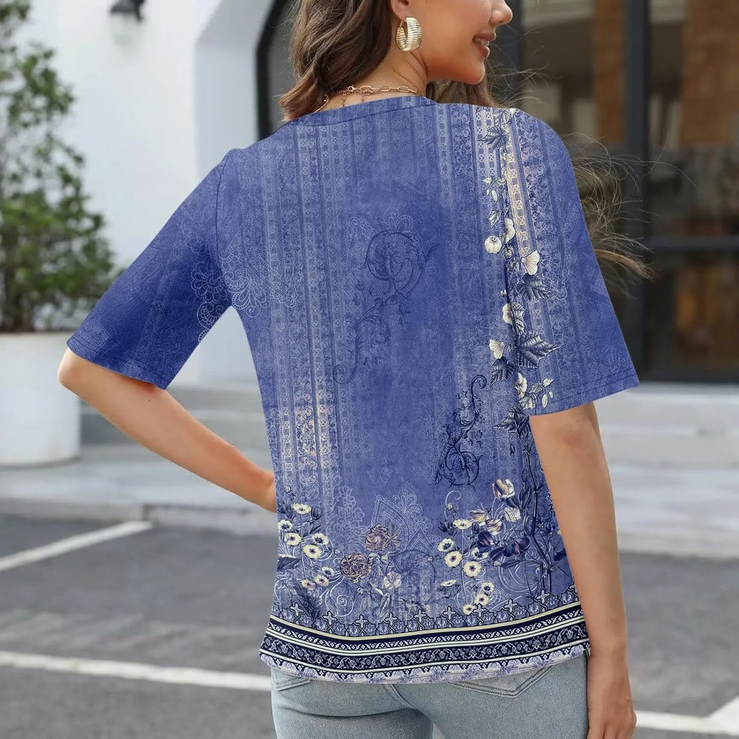 Summer Tops for Women 2025 Women's V Neck Half Sleeve T Shirts Floral Print Casual Loose Spring Elbow Length Blouses