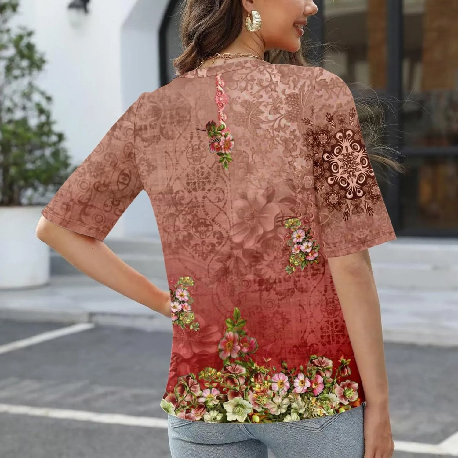 Summer Tops for Women 2025 Women's V Neck Half Sleeve T Shirts Floral Print Casual Loose Spring Elbow Length Blouses