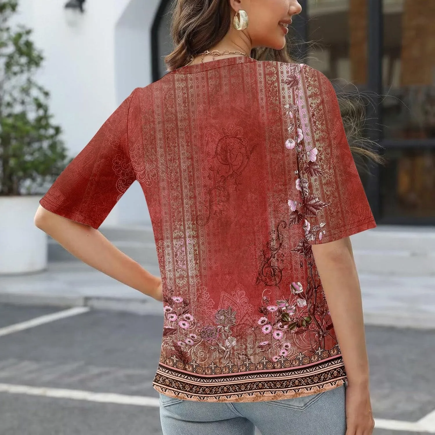 Summer Tops for Women 2025 Women's V Neck Half Sleeve T Shirts Floral Print Casual Loose Spring Elbow Length Blouses