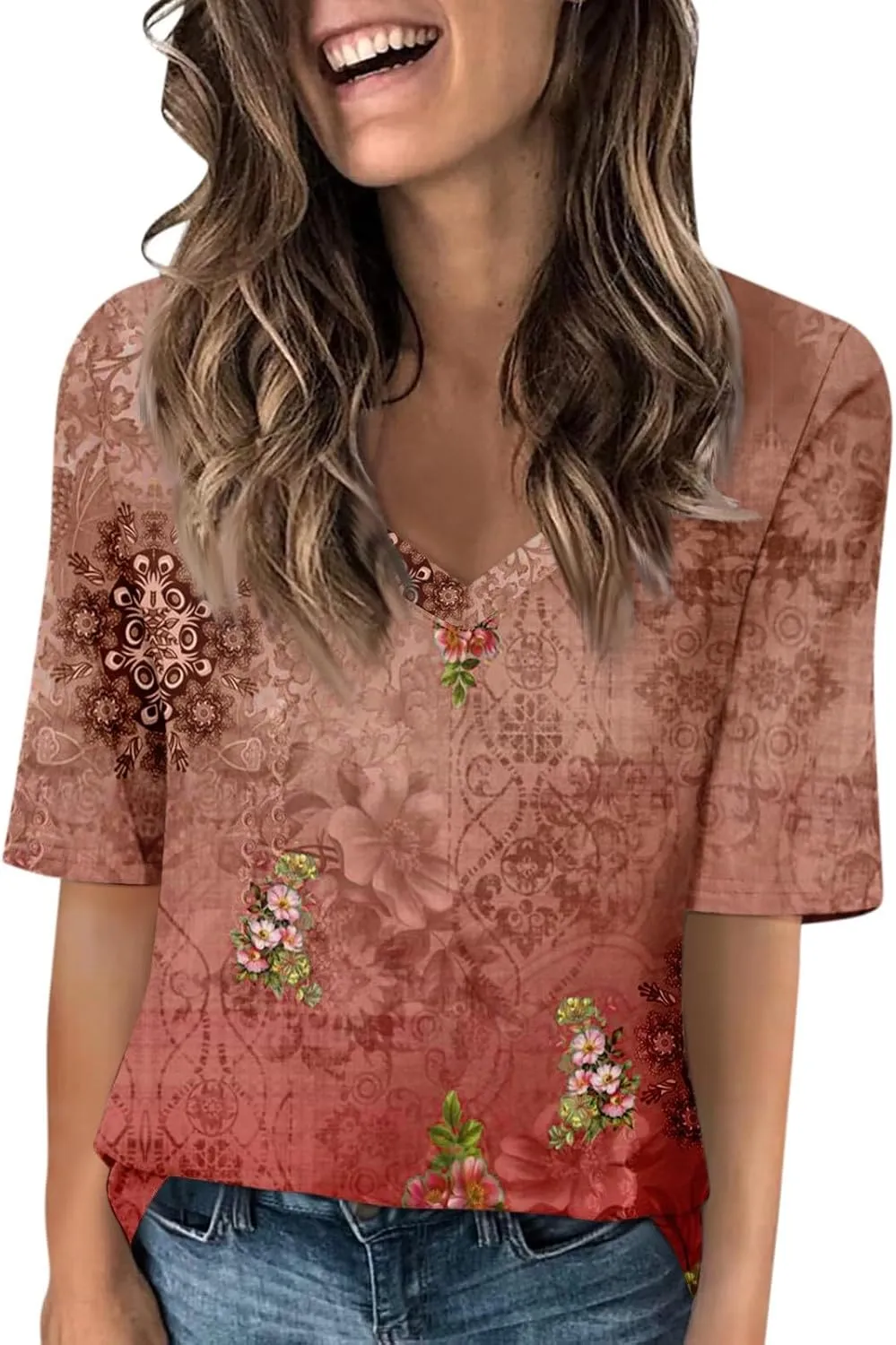 Summer Tops for Women 2025 Women's V Neck Half Sleeve T Shirts Floral Print Casual Loose Spring Elbow Length Blouses
