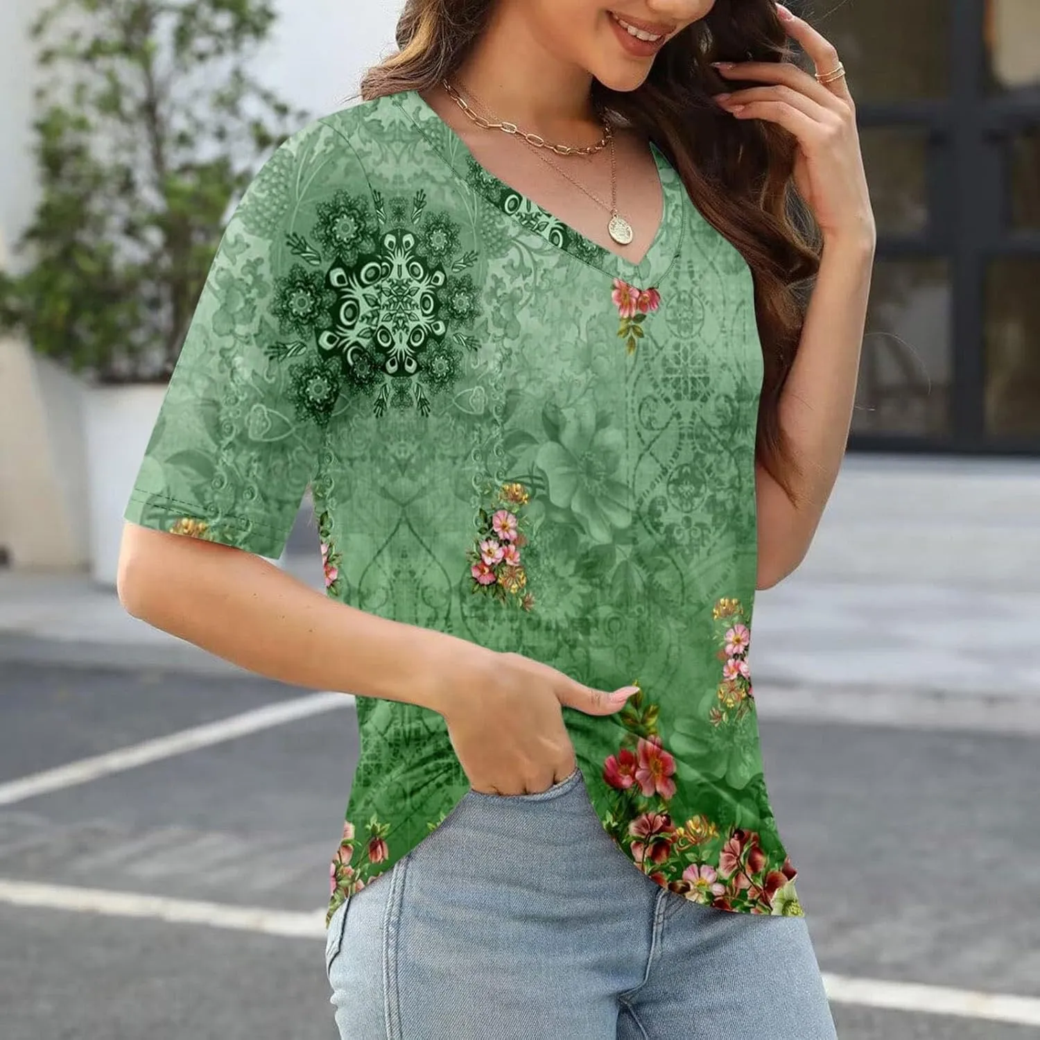 Summer Tops for Women 2025 Women's V Neck Half Sleeve T Shirts Floral Print Casual Loose Spring Elbow Length Blouses