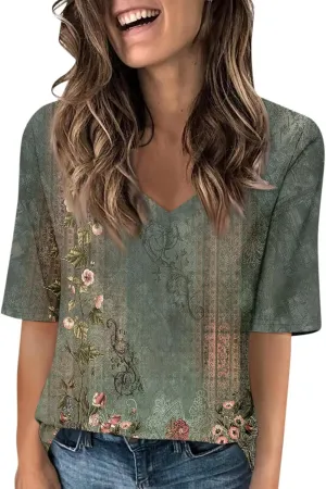 Summer Tops for Women 2025 Women's V Neck Half Sleeve T Shirts Floral Print Casual Loose Spring Elbow Length Blouses