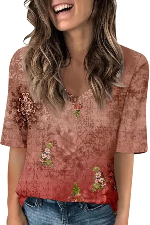 Summer Tops for Women 2025 Women's V Neck Half Sleeve T Shirts Floral Print Casual Loose Spring Elbow Length Blouses