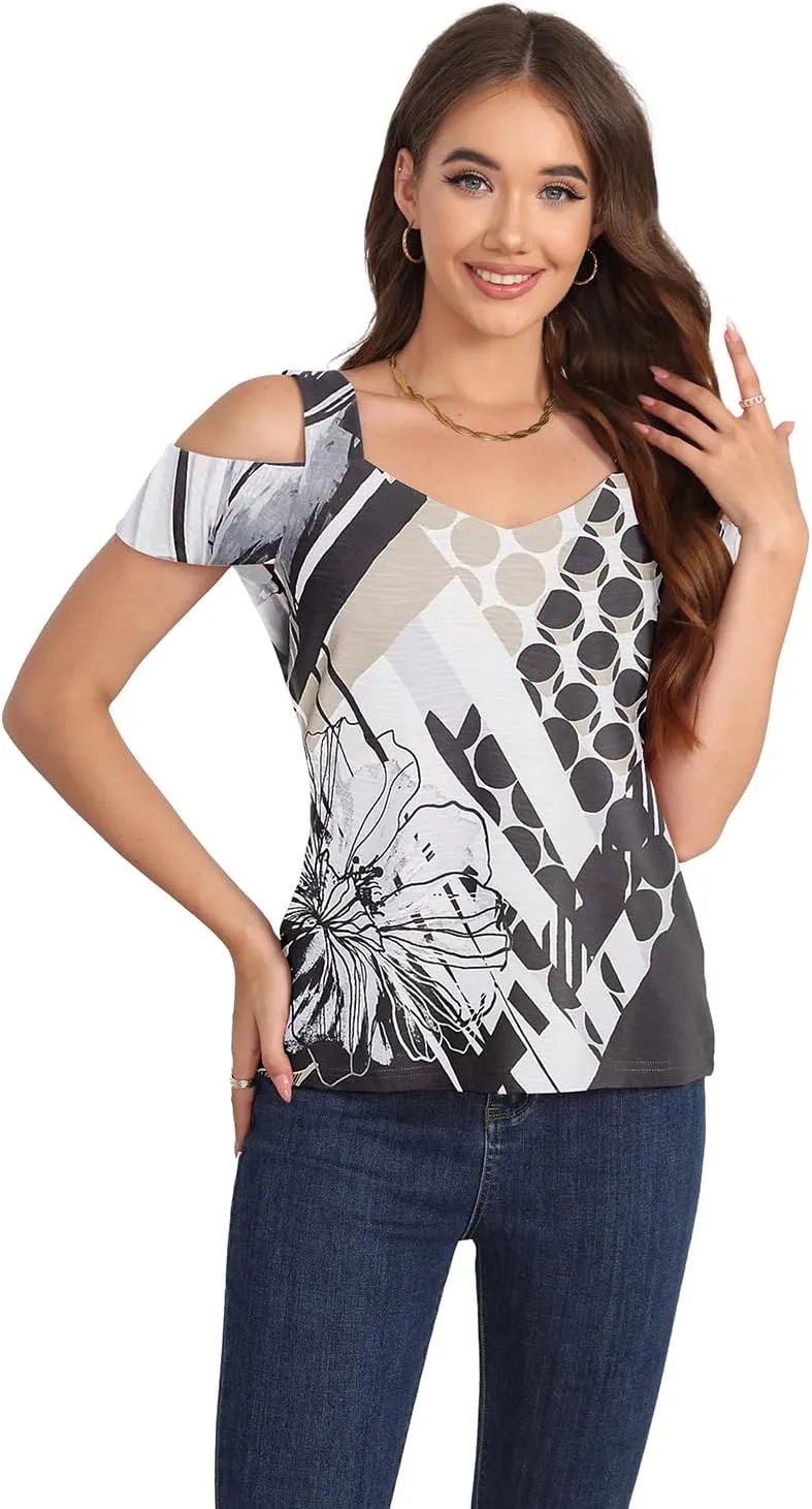Summer Tops Womens Tunic Top Short Sleeve Cold Shoulder V Neck Loose Fit Basic Tee Casual Tops T Shirts Blouse