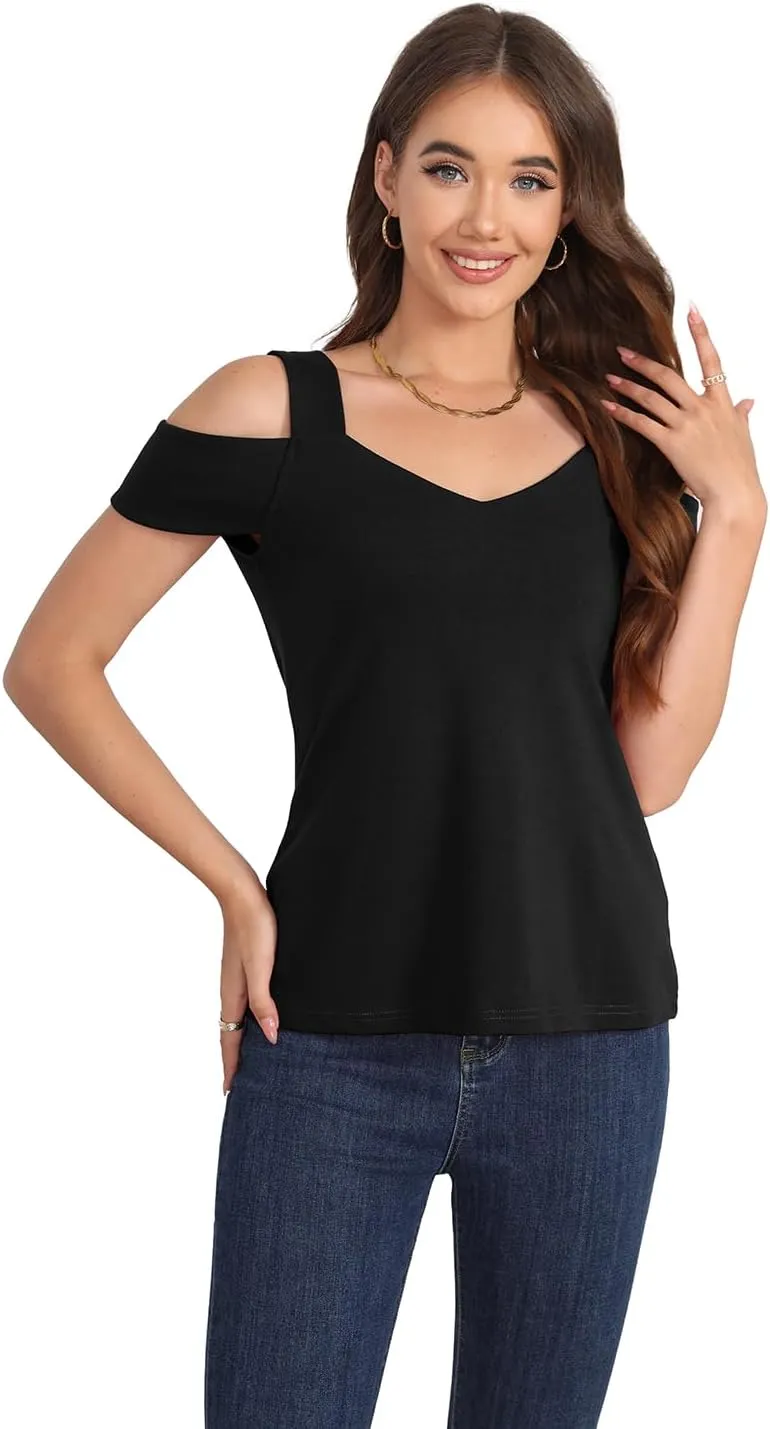 Summer Tops Womens Tunic Top Short Sleeve Cold Shoulder V Neck Loose Fit Basic Tee Casual Tops T Shirts Blouse