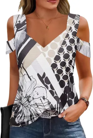 Summer Tops Womens Tunic Top Short Sleeve Cold Shoulder V Neck Loose Fit Basic Tee Casual Tops T Shirts Blouse