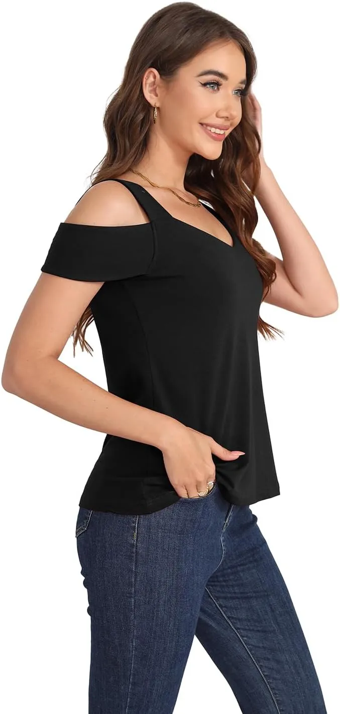 Summer Tops Womens Tunic Top Short Sleeve Cold Shoulder V Neck Loose Fit Basic Tee Casual Tops T Shirts Blouse