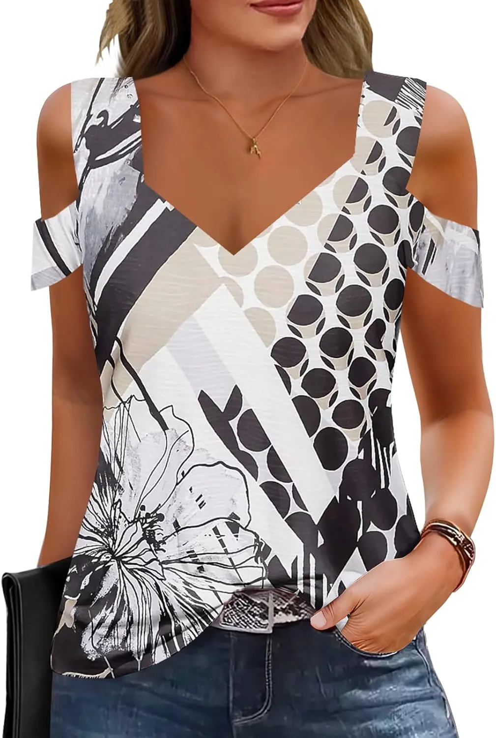 Summer Tops Womens Tunic Top Short Sleeve Cold Shoulder V Neck Loose Fit Basic Tee Casual Tops T Shirts Blouse