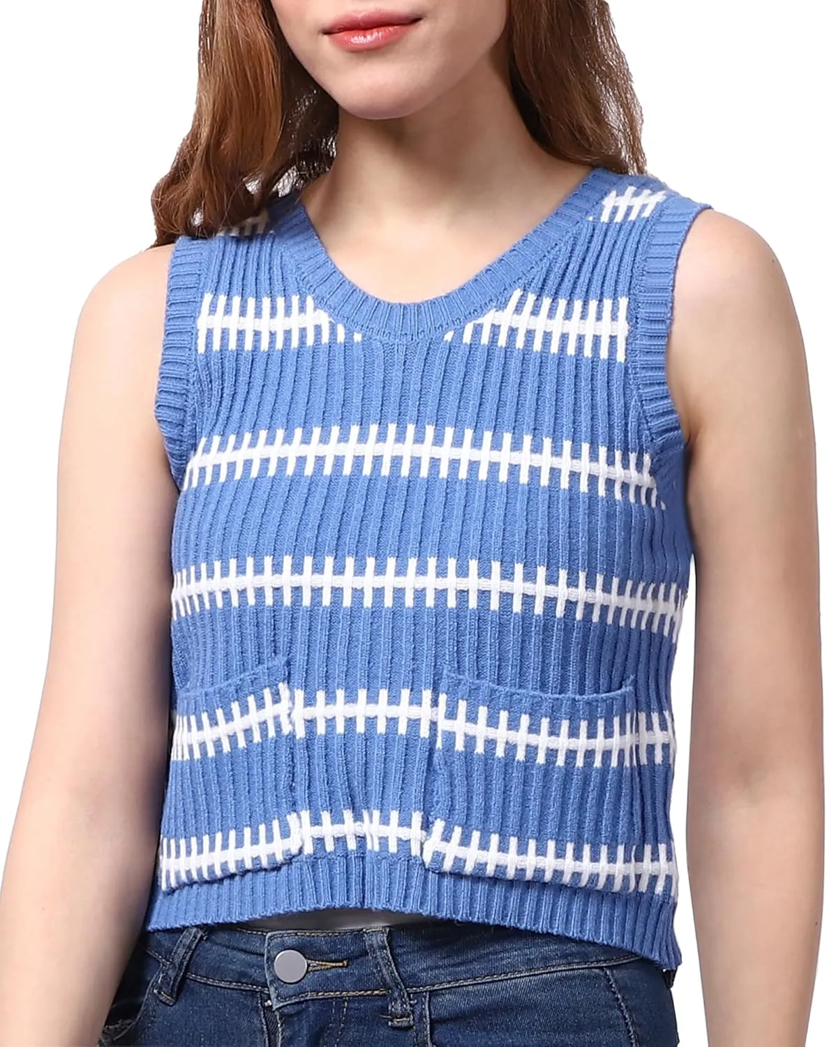 Sweater Vest Women Casual Sleeveless Crochet Tops Color Block Tie Back Knit Tank Tops with Pockets