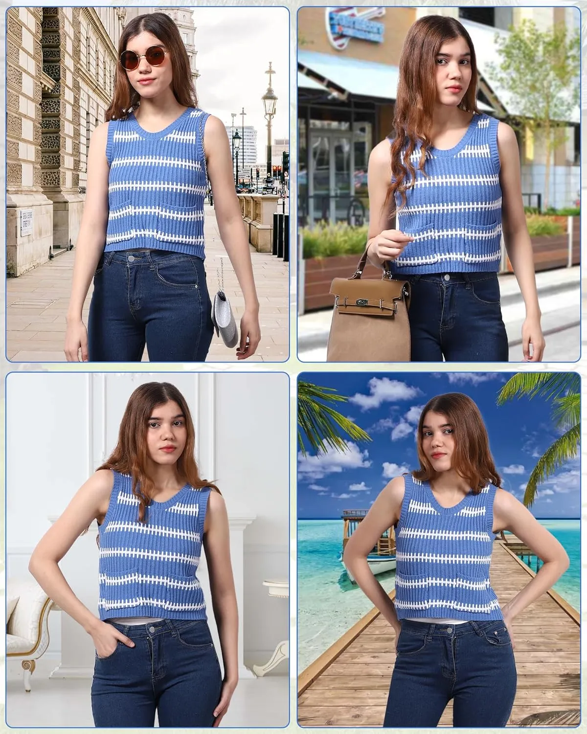 Sweater Vest Women Casual Sleeveless Crochet Tops Color Block Tie Back Knit Tank Tops with Pockets
