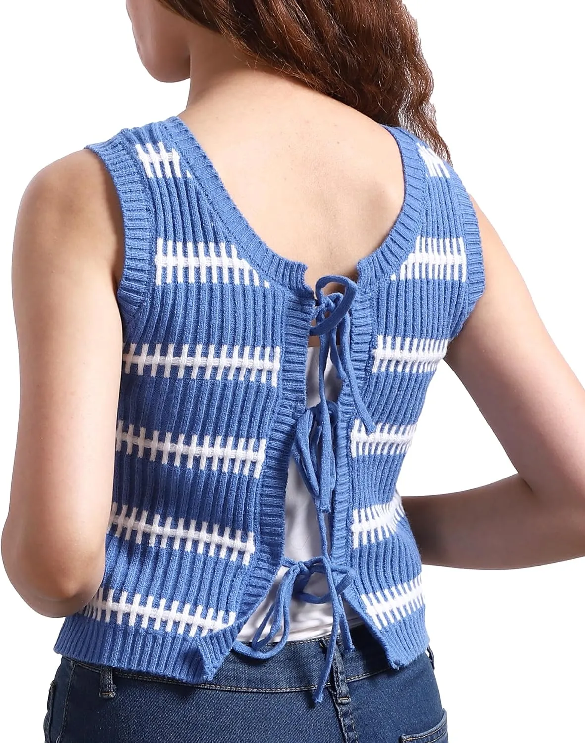 Sweater Vest Women Casual Sleeveless Crochet Tops Color Block Tie Back Knit Tank Tops with Pockets